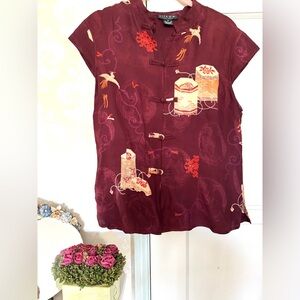 CITRON Maroon 💯 silk Women's Top, Asian , cranes, lanterns, size M